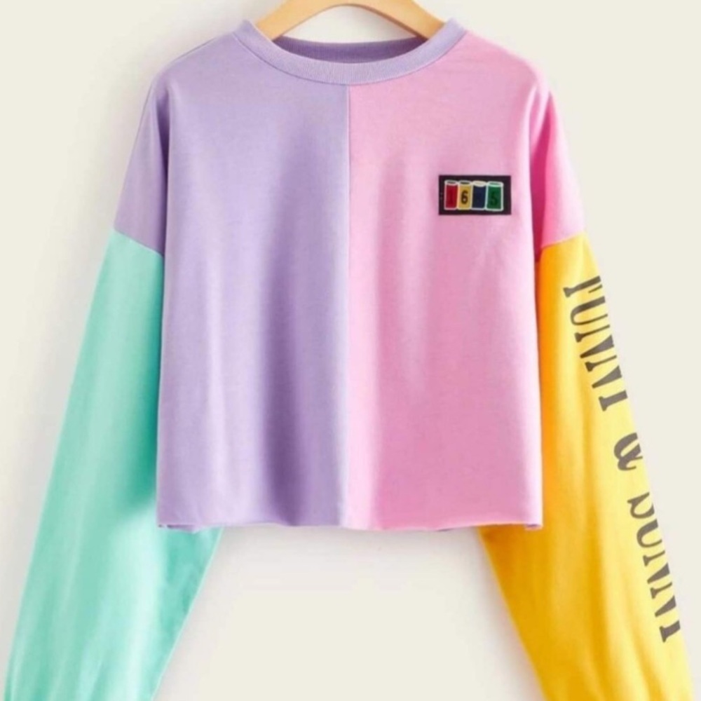 Shein Women’s Letter Print Color Block Crop Sweatshirt Long Sleeve, M